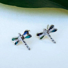 Women's Peace Collection abalone dragonfly stud earrings showcasing iridescent shell and delicate metalwork.