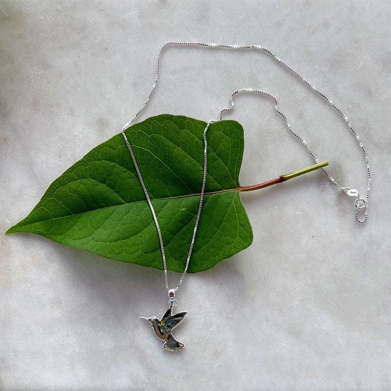 Abalone hummingbird necklace from Women's Peace Collection featuring a colorful, detailed bird pendant on a delicate chain.