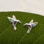 Women's Peace Collection abalone hummingbird stud earrings featuring colorful, detailed bird designs on shiny metal posts.