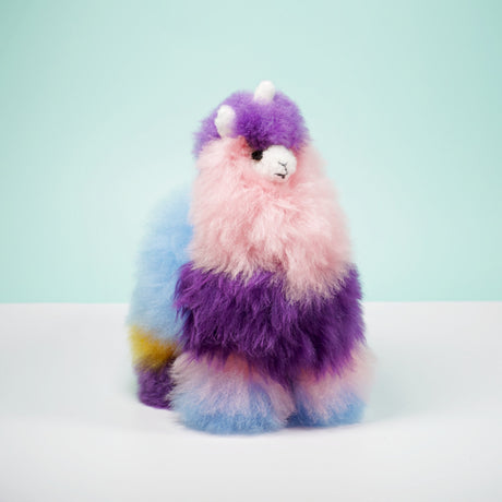 Soft alpaca fur Llamacorn Zesty Twist plush toy by Blossom Inspirations, featuring colorful, textured alpaca fur and whimsical llama unicorn design.