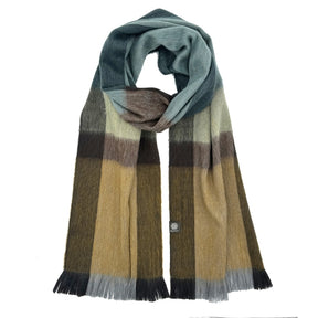 Shupaca alpaca plaid scarf featuring a warm, cozy golden coast pattern with soft, luxurious fibers and stylish design.
