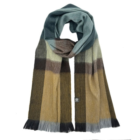 Shupaca alpaca plaid scarf featuring a warm, cozy golden coast pattern with soft, luxurious fibers and stylish design.