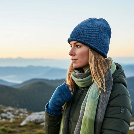 Shupaca Tidepool Alpaca Plaid Scarf featuring soft, warm alpaca wool with a classic plaid pattern in shades of blue and green.