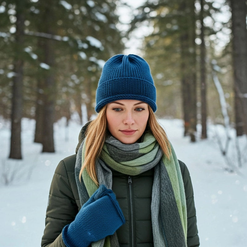 Shupaca Tidepool Alpaca Plaid Scarf featuring soft, warm fabric with blue, green, and purple plaid pattern, cozy and stylish accessory.