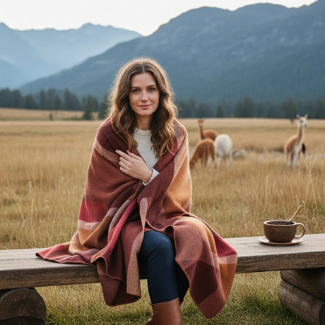 Shupaca Alpaca Throw in warm amber color, soft and cozy wool blanket draped over a sofa for elegant home decor.