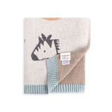Blue organic knit baby blanket with alphabet pattern from Viverano, soft and cozy for infants.