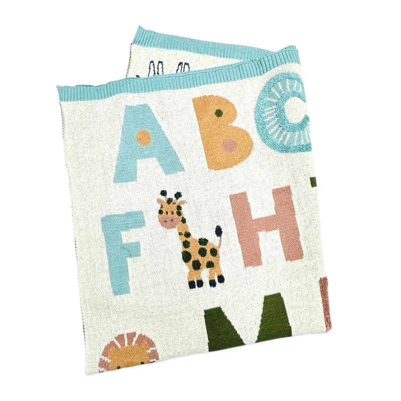 Blue organic knit baby blanket with alphabet pattern by Viverano, soft and cozy for infants.