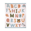 Blue organic knit baby blanket with alphabet pattern by Viverano, soft and cozy for infants.