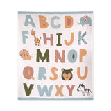 Blue organic knit baby blanket with alphabet pattern by Viverano, soft and cozy for infants.