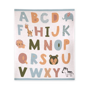 Blue organic knit baby blanket with alphabet pattern by Viverano, soft and cozy for infants.