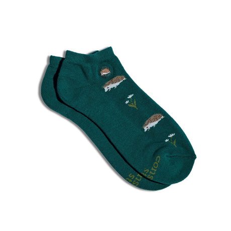 Teal ankle socks by Conscious Step featuring hedgehog and pollinator motifs, crafted to promote pollinator protection and awareness.