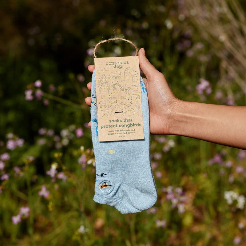 Pair of Conscious Step ankle socks featuring bird protection design, made for bird lovers and wildlife conservation.