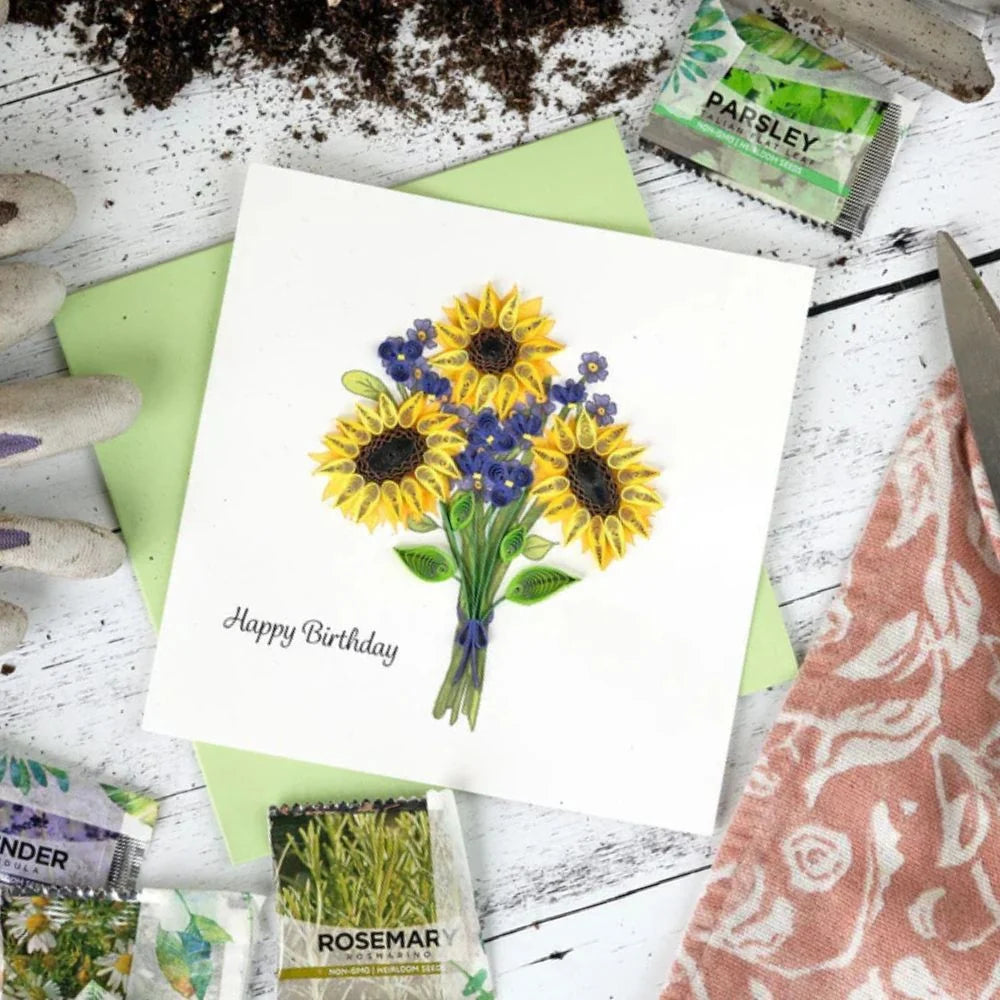 Quilling Card sunflower birthday greeting card with intricate quilled sunflower bouquet design on a white background.