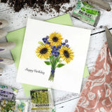 Quilling Card sunflower birthday greeting card with intricate quilled sunflower bouquet design on a white background.