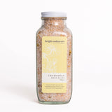 Bright Endeavors chamomile bath salts in a 16 oz jar, featuring soothing chamomile flowers and natural mineral crystals for relaxation.