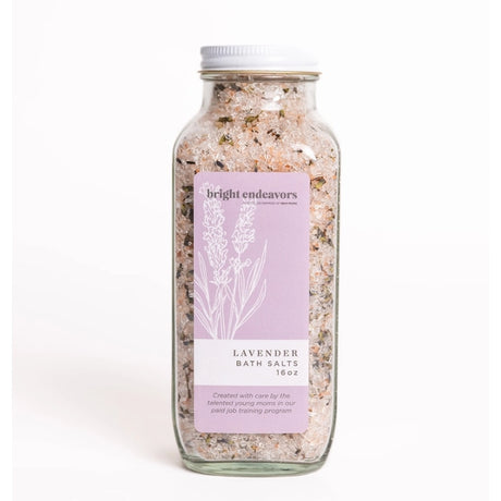 Bright Endeavors lavender bath salts in a 16 oz jar, showcasing soothing, aromatic crystals for relaxing bath experiences.