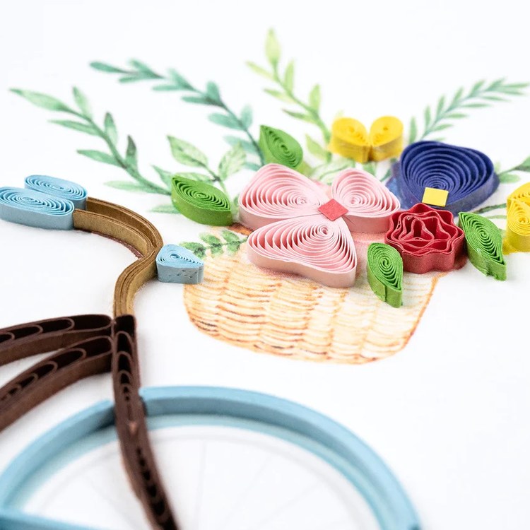 Quilling Card featuring a bicycle with a flower basket, showcasing intricate paper art design.