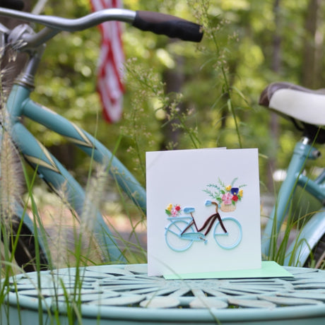 Quilling Card bicycle and flower basket design greeting card with intricate paper quilling artwork