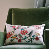 Natural Habitat Bird Flock multi-embroidered decorative pillow, 12x20 inches, featuring colorful bird designs on soft fabric.