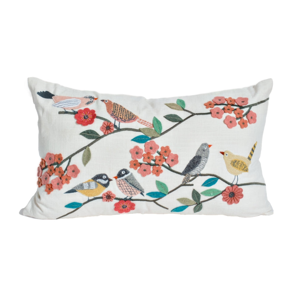Natural Habitat Bird Flock embroidered pillow with colorful bird designs, 12x20 inches, decorative home accent.