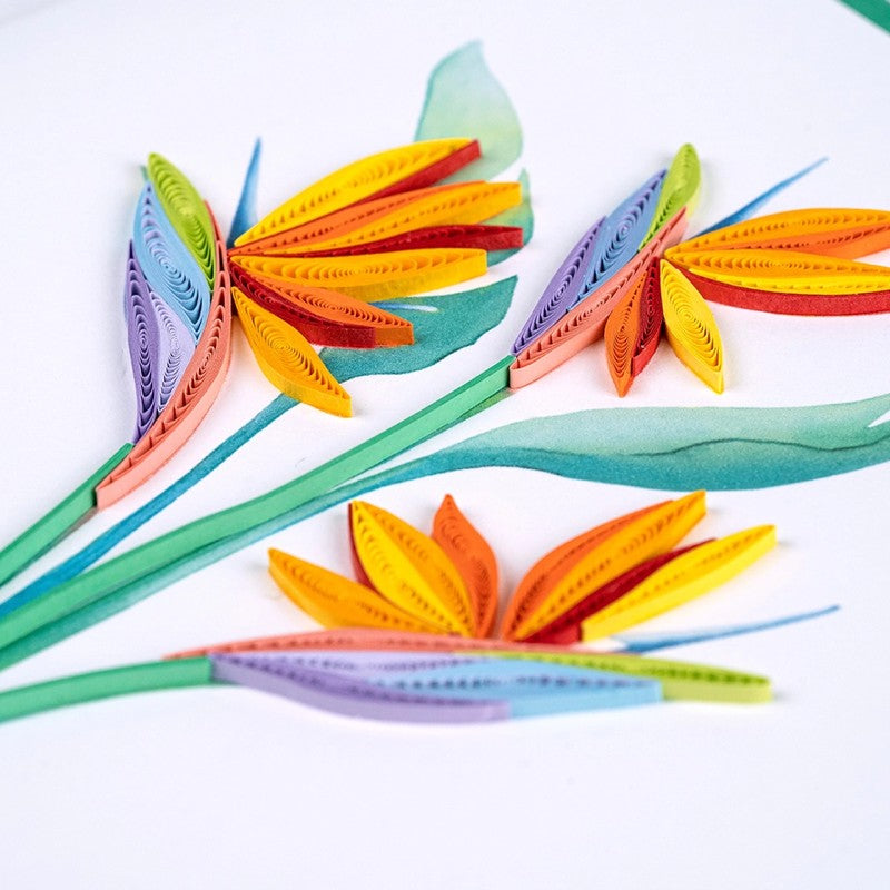 Colorful Bird of Paradise quilling card featuring intricate paper floral art by Quilling Card, perfect for greeting or gift.