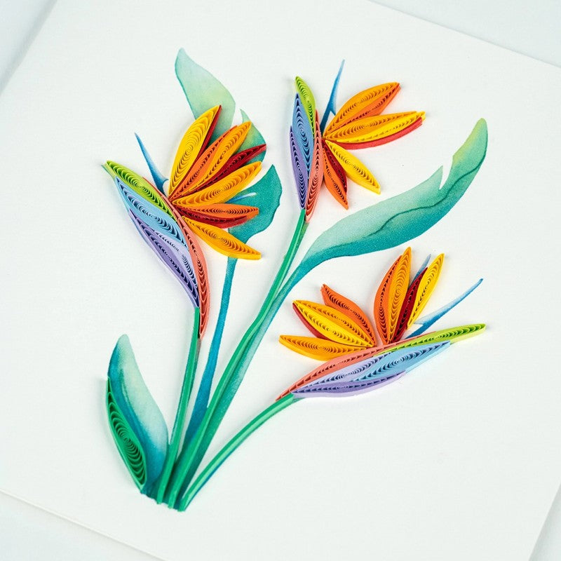 Bird of Paradise quilling card featuring intricate paper art by Quilling Card, showcasing colorful floral design on a greeting card.