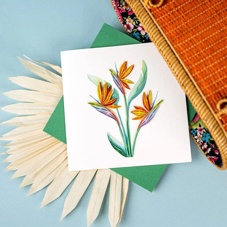 Colorful Bird of Paradise quilling card with intricate paper art design by Quilling Card, perfect for greeting or decorative display.