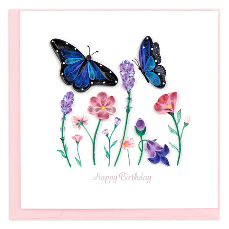 Quilling Card birthday greeting with intricate flowers and butterflies design, featuring colorful paper quilling artwork.