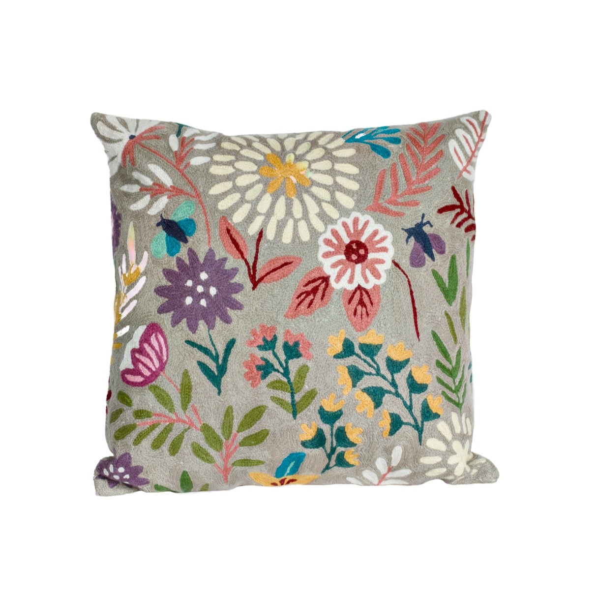 Decorative 18-inch chainstitch pillow in sandy botanical design, featuring intricate embroidery and soft fabric.