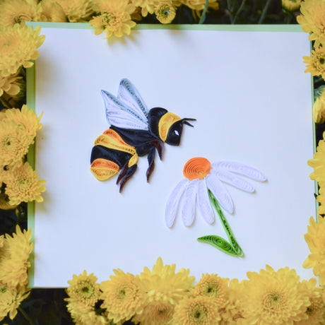 Colorful Bumble Bee Quilling Card featuring intricate paper quilling artwork of a bee, ideal for greeting or gift card uses.