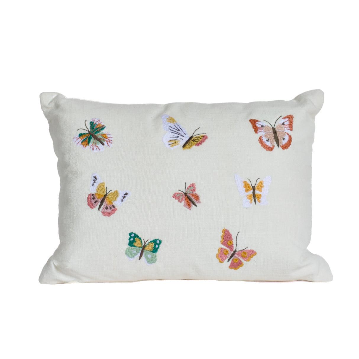 Natural Habitat embroidered pillow featuring colorful butterfly designs, 12x16 inches, with detailed butterfly embroidery on soft fabric.