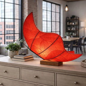 Large red butterfly table lamp by Eangee with intricate butterfly design, perfect for decorative lighting in living spaces.
