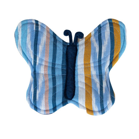 Colorful butterfly-shaped Upavim potholder with woven fabric and loop for hanging, ideal for kitchen protection and decoration.