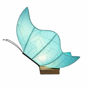 Blue butterfly-shaped table lamp by Eangee with intricate butterfly and floral design on a smooth base.