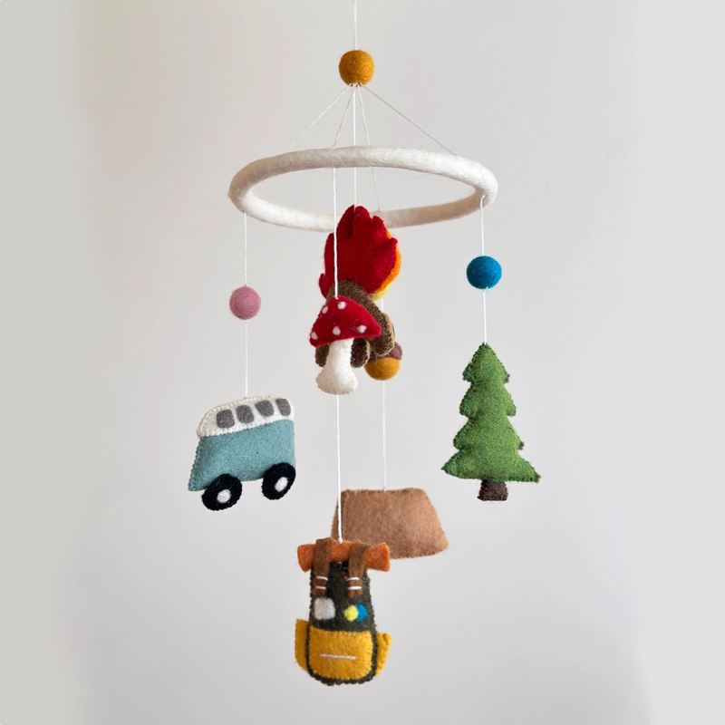 Ganapati camping felt mobile with colorful felt shapes hanging from a wooden frame for decorative outdoor use