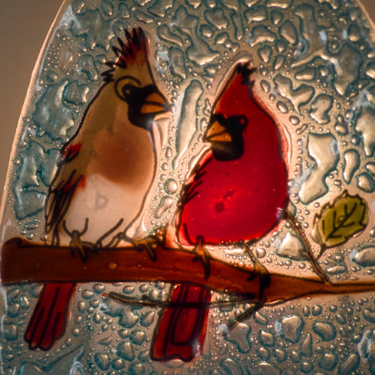 Pampeana Cardinal Couple Night Light featuring a detailed red cardinal bird design illuminated for bedroom decor.