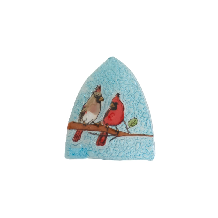 Pampeana Cardinal Couple Night Light featuring a painted glass design of two cardinals perched together, ideal for cozy lighting.