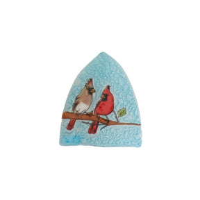 Pampeana Cardinal Couple Night Light featuring a painted glass design of two cardinals perched together, ideal for cozy lighting.