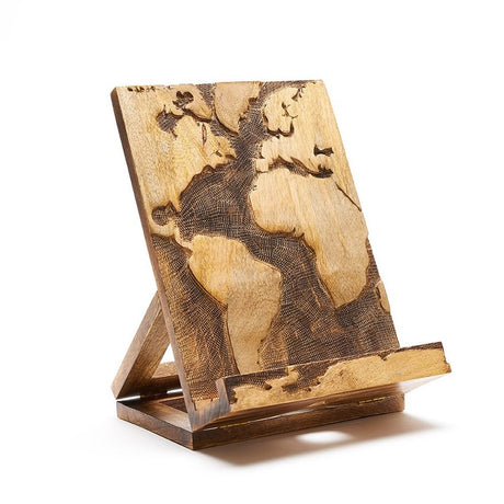Carved world tablet book holder