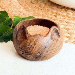 Wooden cat-shaped bowl with salt on a white surface