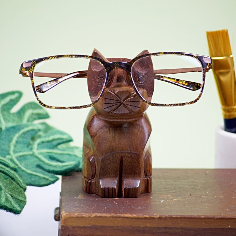 Matr Boomie cat-shaped eyeglass holder made of wood, designed to keep glasses secure with a cute feline figure.