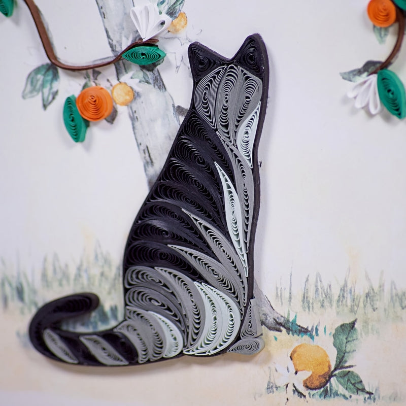 Colorful quilling cat and orange branch design on a Quilling Card, featuring intricate paper art and vibrant details.