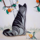 Colorful quilling cat and orange branch design on a Quilling Card, featuring intricate paper art and vibrant details.