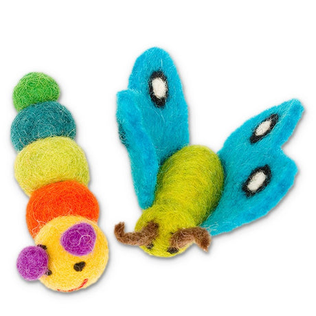 Dharma Dog Karma Cat wool cat toy pack with a colorful caterpillar and butterfly plush toys for playful feline fun.