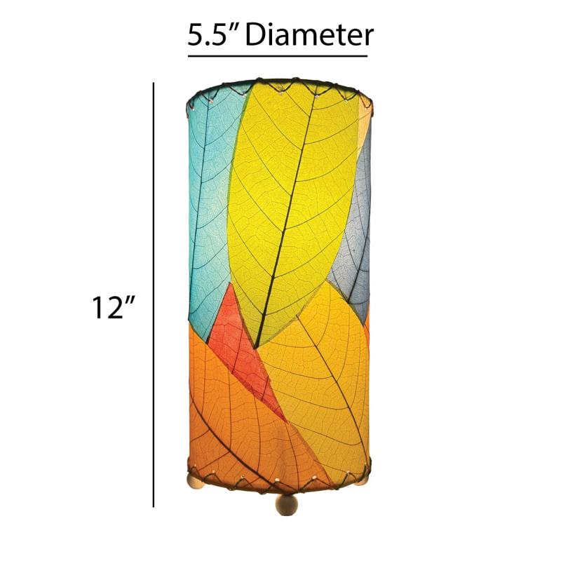 Eangee Cocoa Leaf Cylinder Table Lamp, 12-inch height with multi-colored leaf design, perfect for modern home decor.
