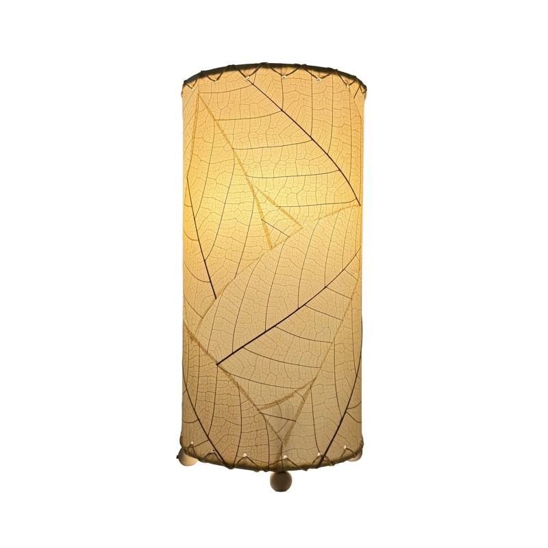 Eangee Cocoa Leaf Cylinder Table Lamp in natural finish, 12-inch tall with intricate leaf design, ideal for modern home decor.