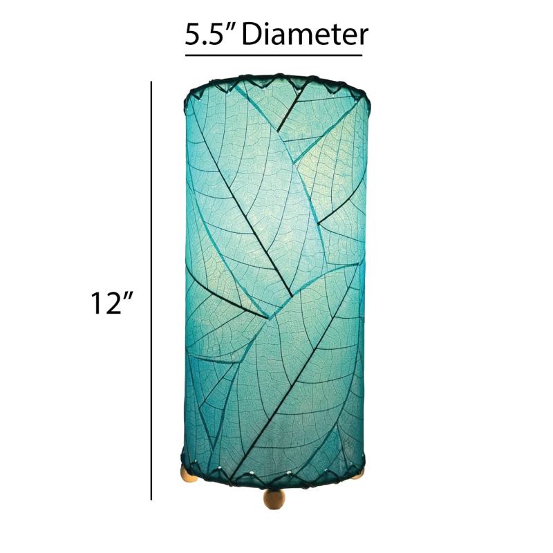 Eangee Cocoa Leaf Cylinder Table Lamp in Sea Blue, 12-inch tall with a detailed leaf pattern, ideal for ambient lighting.