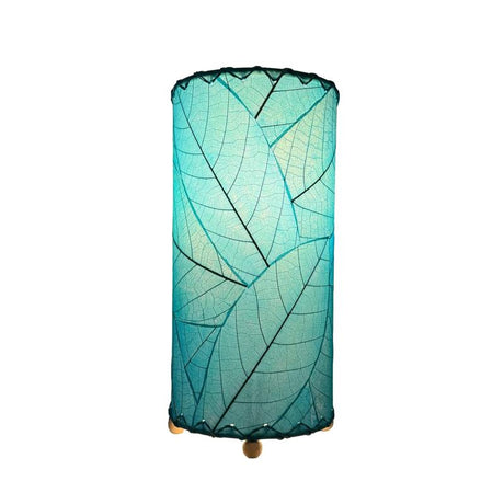 Sea blue Cocoa Leaf Cylinder Table Lamp by Eangee, 12-inch decorative lamp with intricate leaf design and natural-inspired style.