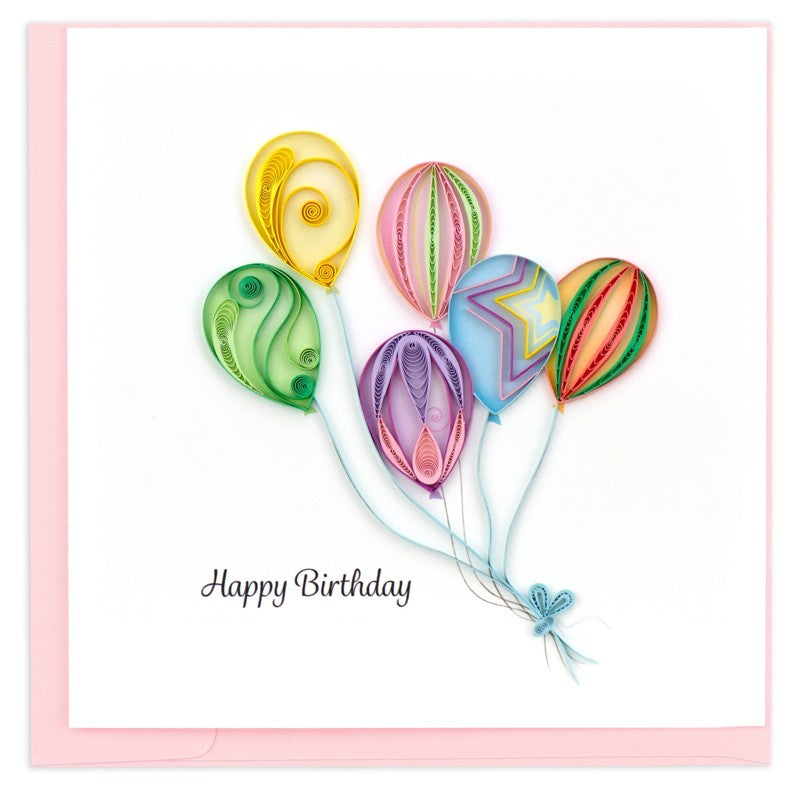 Vibrant quilling card featuring a colorful bunch of balloons, crafted with intricate paper quilling by Quilling Card.