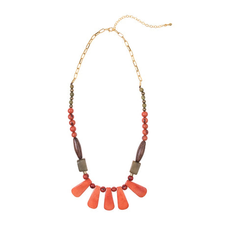 Faire Collection Cordoba Necklace in vibrant orange rust with intricate beaded design and adjustable cord for a stylish look.